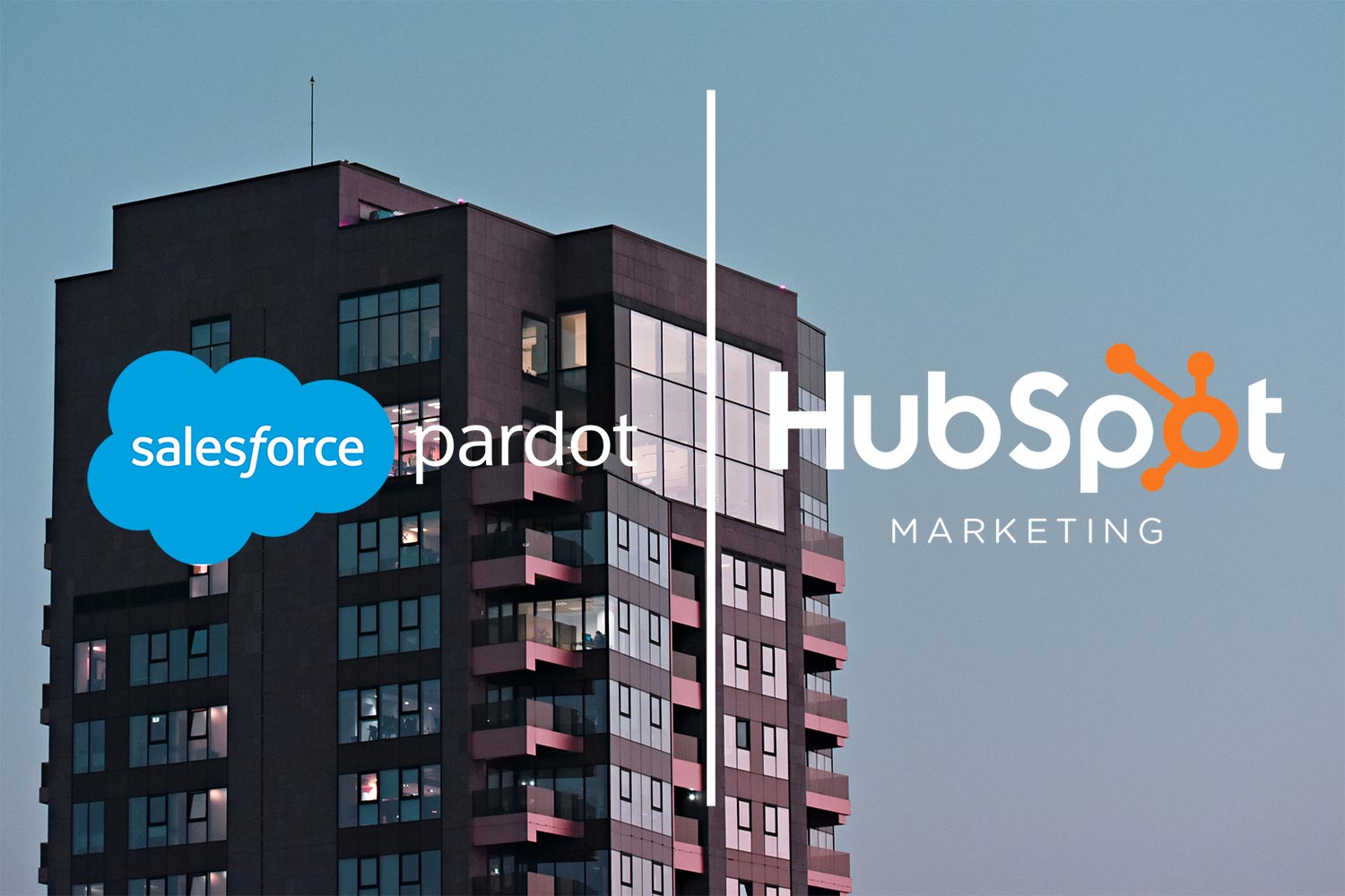Salesforce Pardot and Hubspot Marketing logos in front of a large high rise office building
