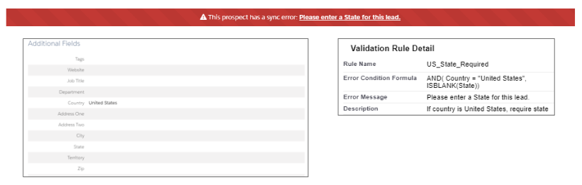 Screenshot of sync error alert, field information, and validation rules for that field's object